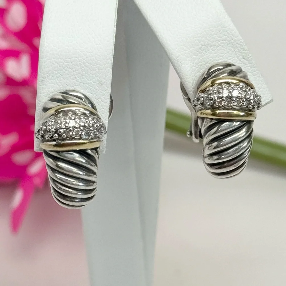 David Yurman 925 18K Gold Diamond Thoroughbred Cable Shrimp Earrings